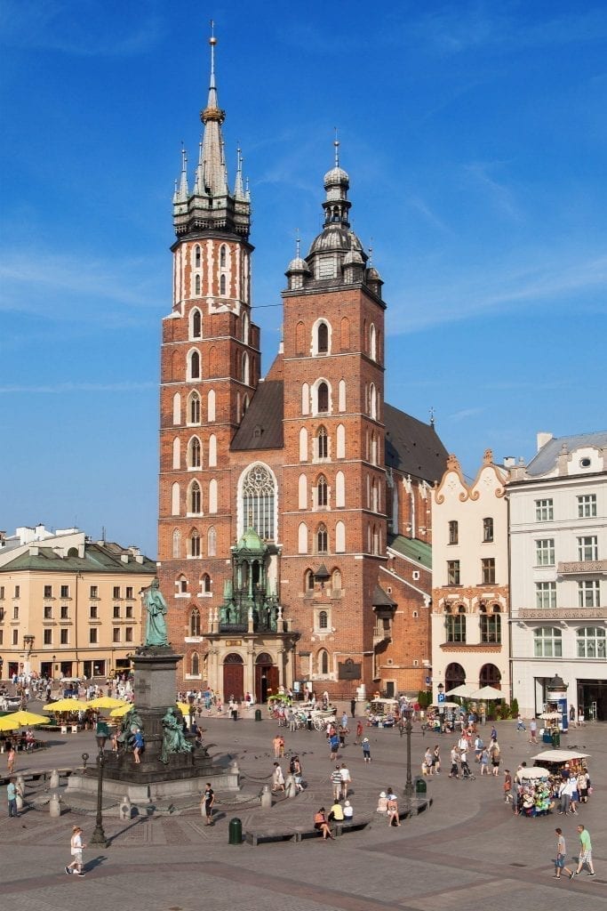 View of St. Mary's Basilica in Main Market Square, a must-see destination when visiting Krakow in 2 days!