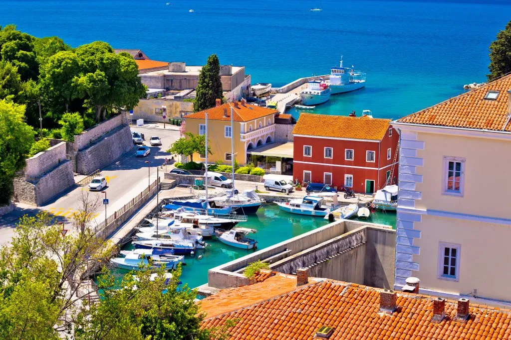 fosa harbor in zadar as seen from above surrounded by orange rooftops