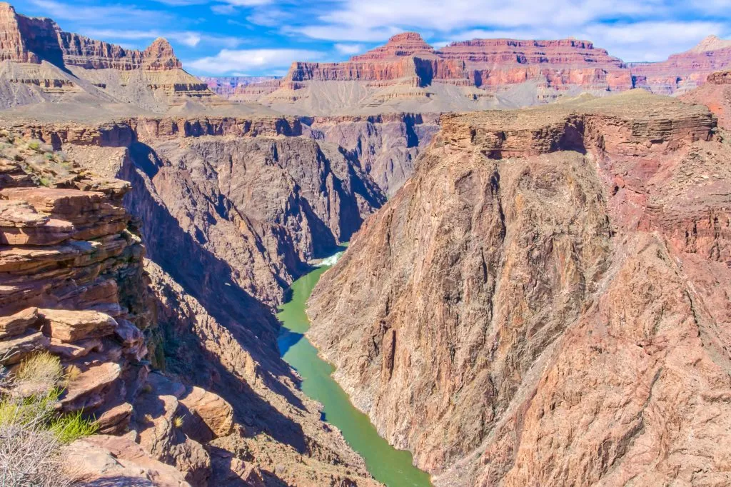 view of the colorado river from plateau point on bright angel trail, one of the popular south rim grand canyon day hikes