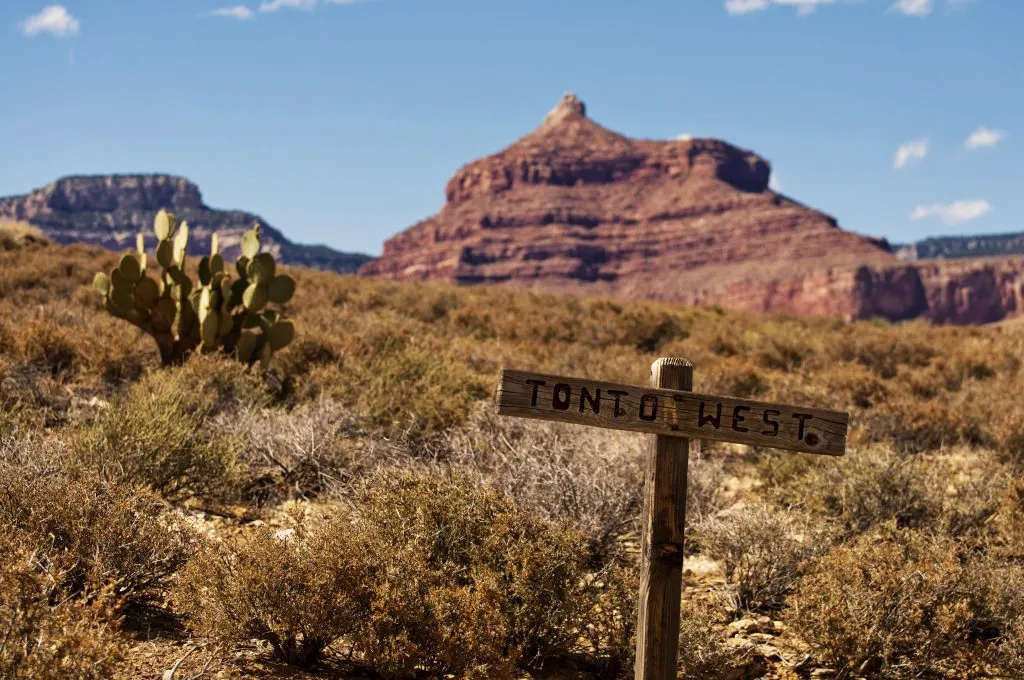 view of the tonto plateau with a cactus in the background and a wood sign reading "tonto west" in the foreground