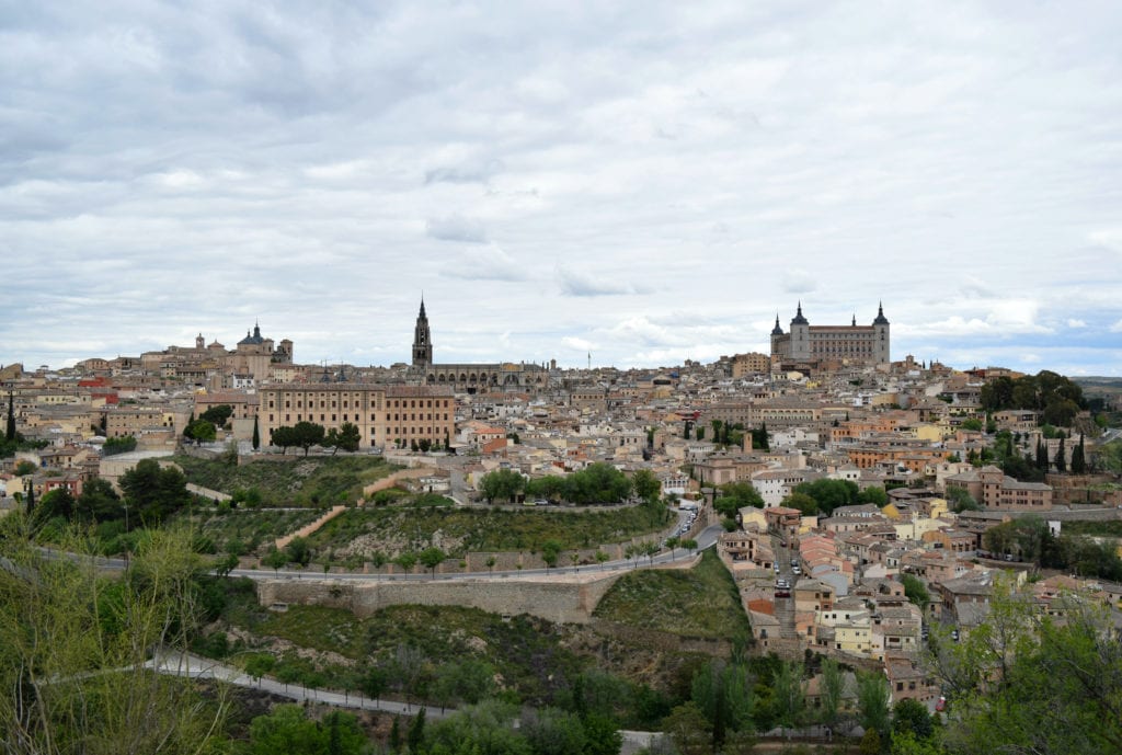 View of Toledo Spain from across the Tagus River, as seen on a day trip to Toledo Spain