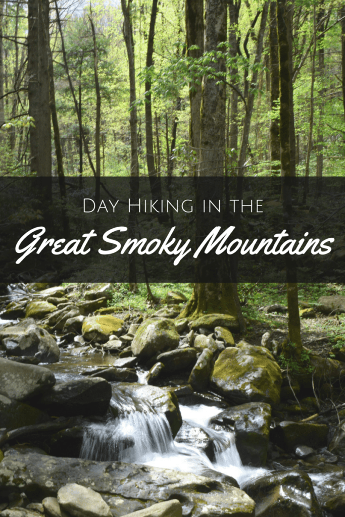 photo of creek on rainbow falls trail, white text on a black background reads "day hiking in the great smoky mountains"