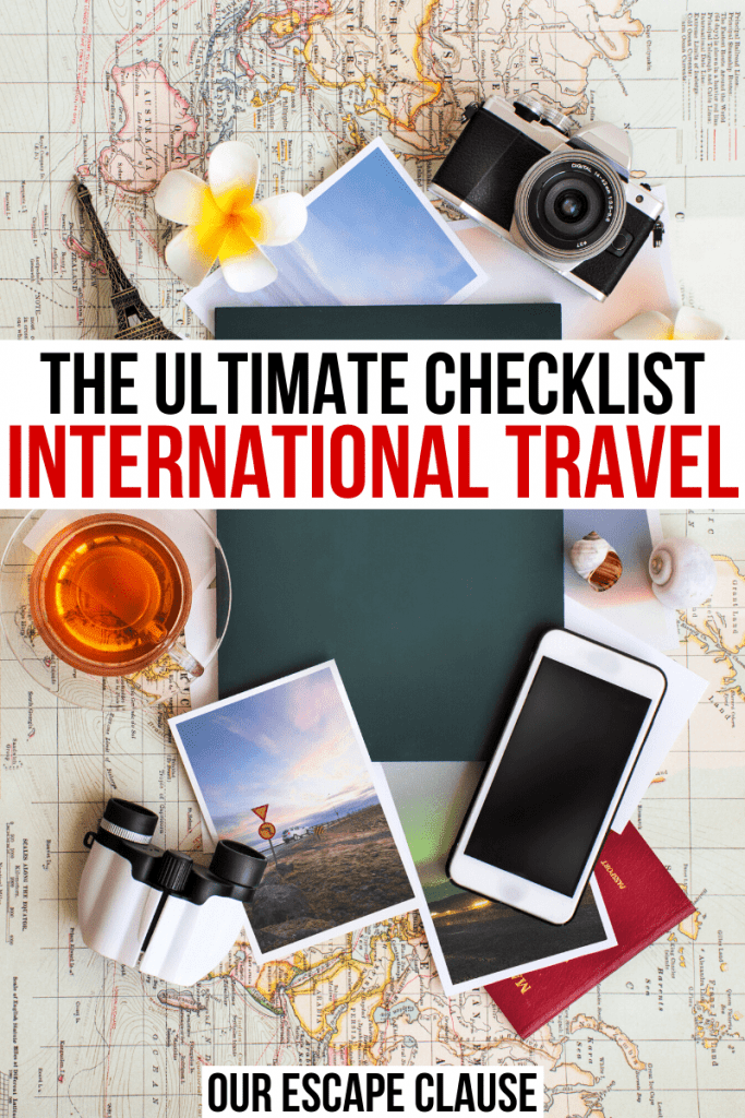 Flat lay of a phone, camera, and photos on a map with black and red text in a white background that reads "the ultimate international travel checklist"