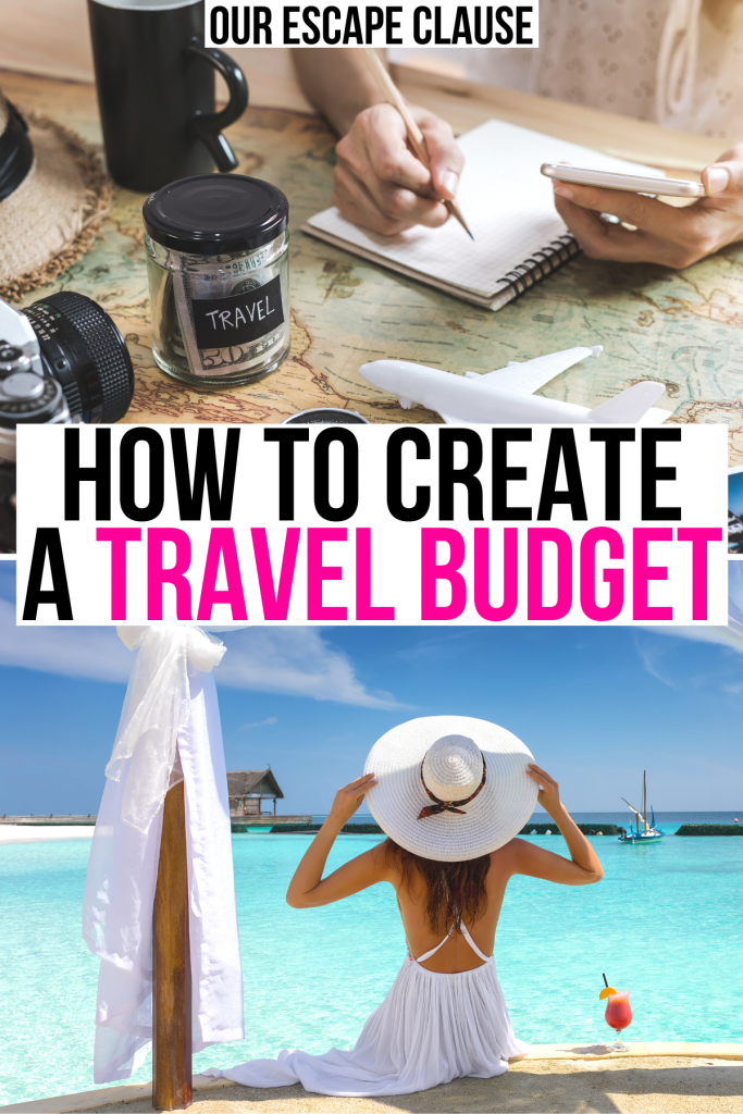 2 budgeting travel photos: a woman writing a travel budget on a notebook and a woman in the caribbean wearing a sunhat. black and pink text on a white background reads "how to create a travel budget"