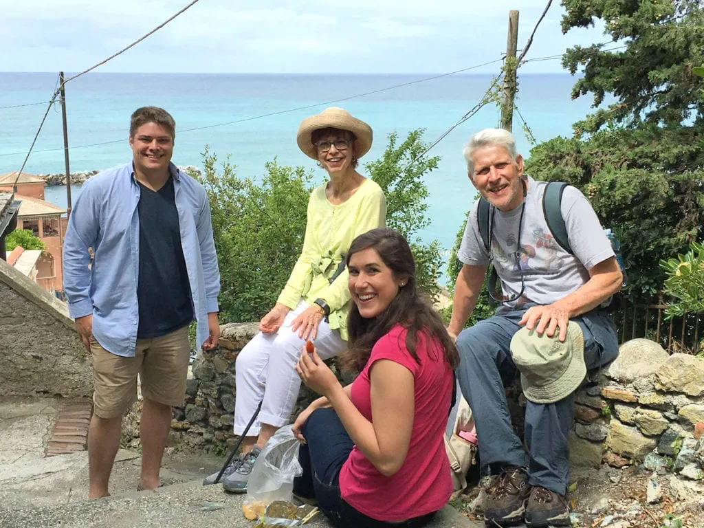 Kate and Jeremy hiking with their grandparents in Levanto Italy.