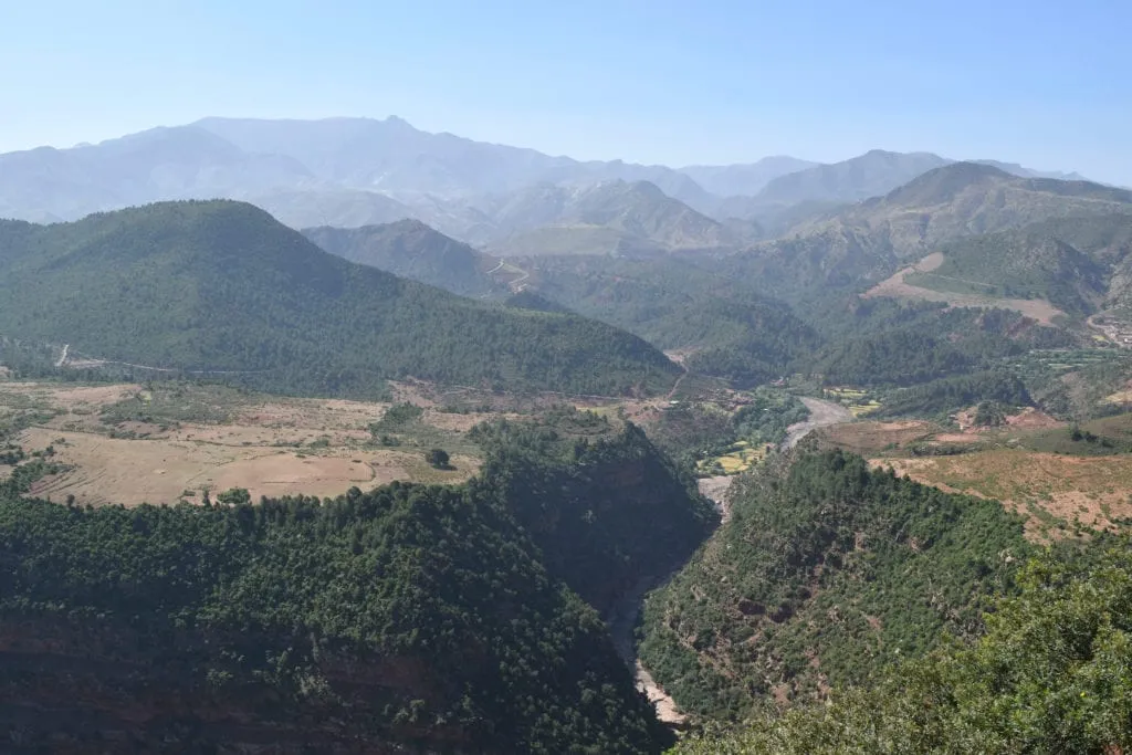 atlas mountains of morocco from above with a river through the center