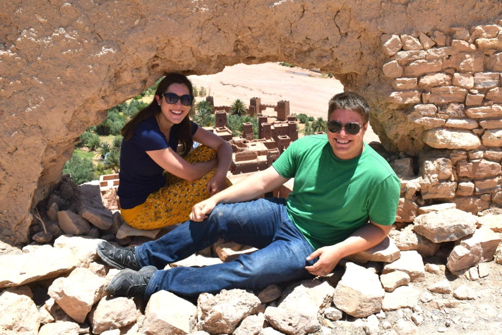 kate storm and jermey storm overlooking aitbenhaddou in morocco as part of a 3 day morocco desert tours