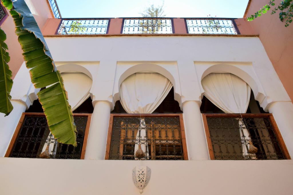 interior of balcony at a marrakech riad, which was easy on our travel budget for morocco but not ideally located