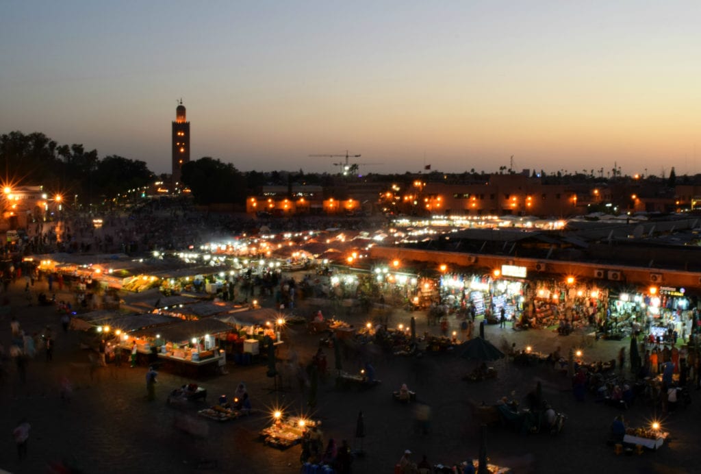 overview of jemma el-fnaa at night in marrakech morocco