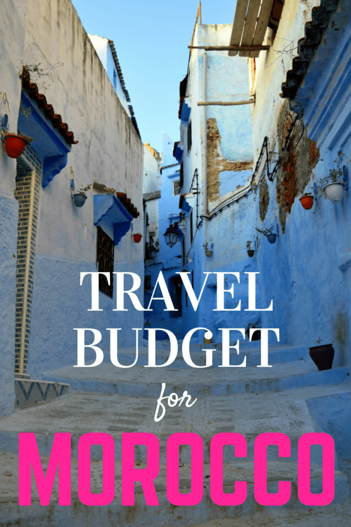 photo of a blue street in chefchaouen morocco, white and pink text reads "travel budget for morocco"