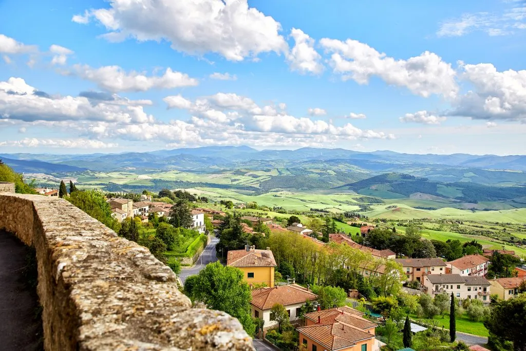 view of tuscan countryside as seen from volterra italy