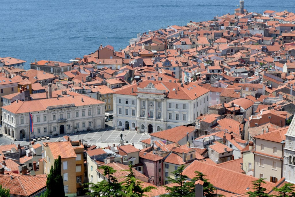 View of the central square of Piran Slovenia from above--don't miss this view when looking for things to do in Piran!