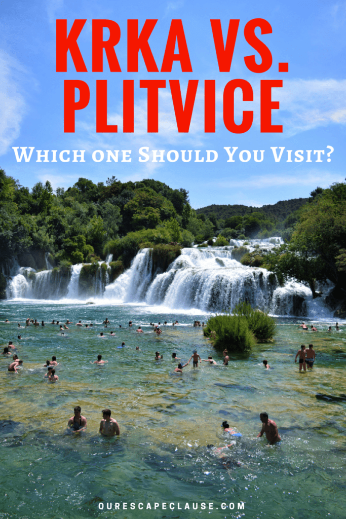 photo of people swimming waterfalls croata, red text reads krka vs plitvice