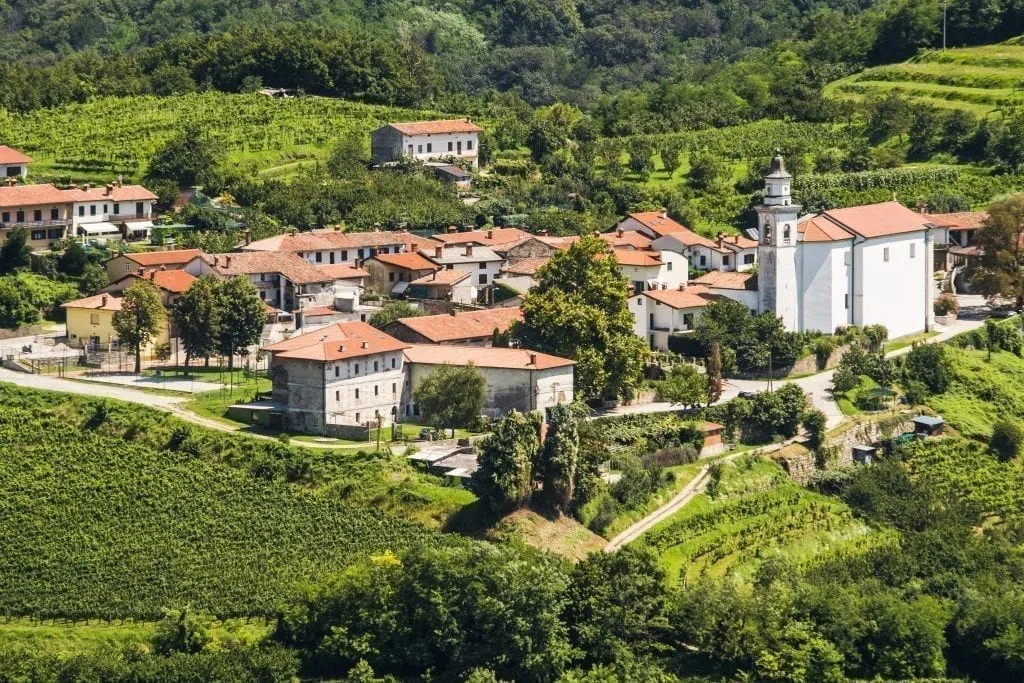 Village in the Brda Region from above, surrounded by grapevines, one of the best places to visit in Slovenia