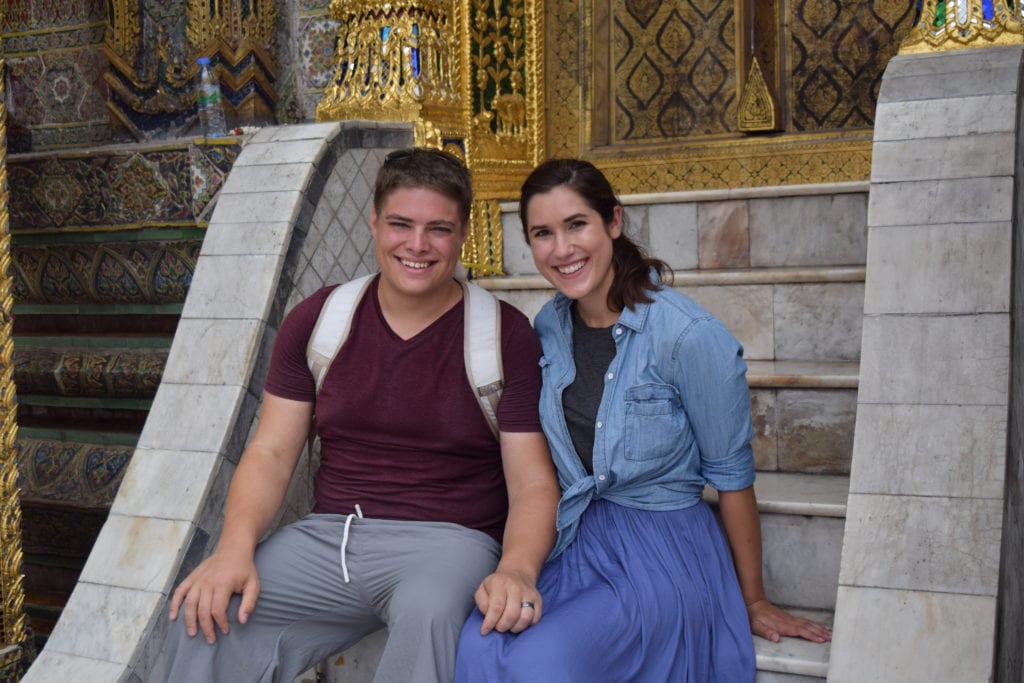 kate storm and jeremy storm at the grand palace in bangkok during a 6 month round the world backpacking trip