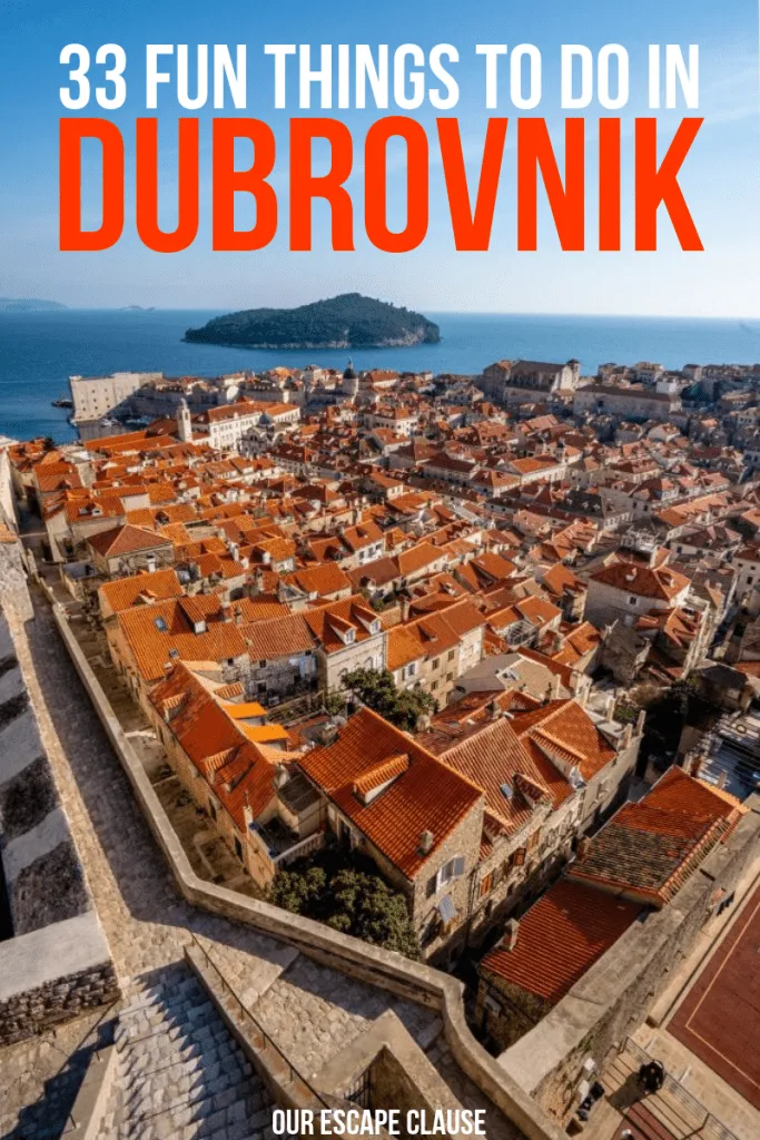 photo of dubrovnik skyline, white and orange text reads "33 fun things to do in dubrovnik"