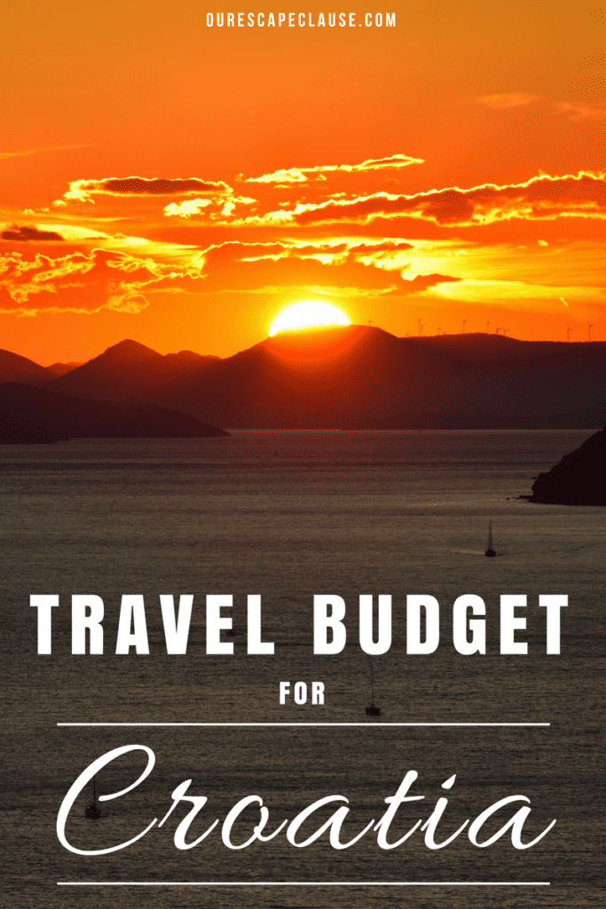 por do sol sobre o mar em dubrovnik, texto branco lê "orçamento de viagem para a croácia"