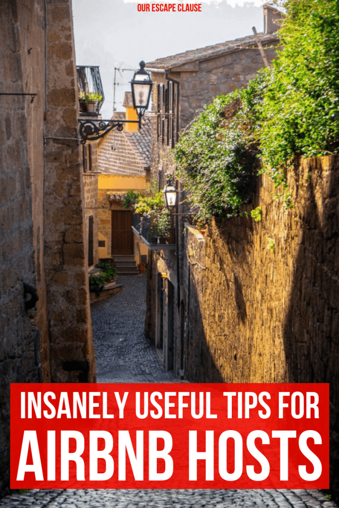 photo of a small street in orvieto italy, white text on a red background reads "insanely useful tips for airbnb hosts"