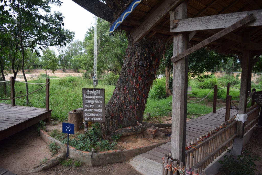 killing tree with memorial bracelets on it at the killing fields cambodia