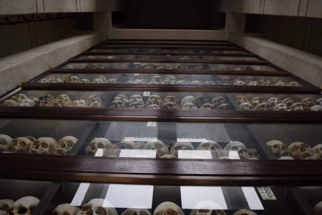 view of skull collection at the killing fields museum in cambodia