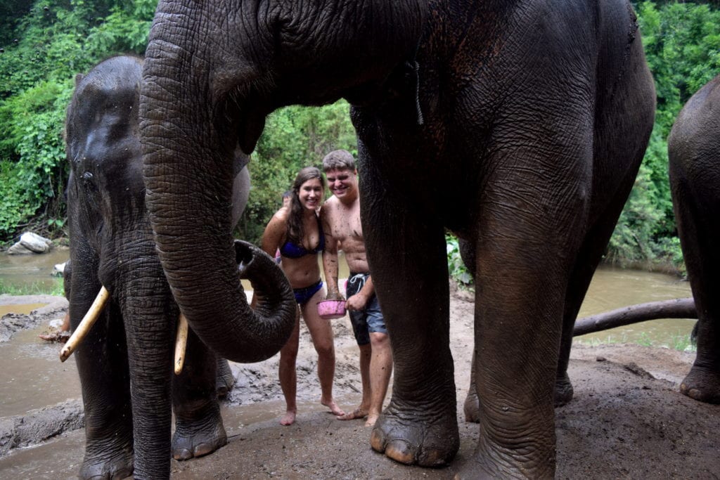 kate storm and jeremy storm bathing elephants in thailand near a river, an elephant is in the foreground