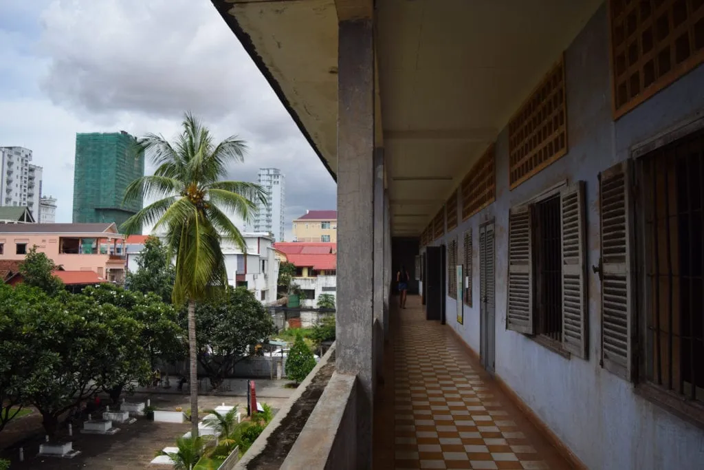 view of tuol sleng genocide museum from second floor balcony