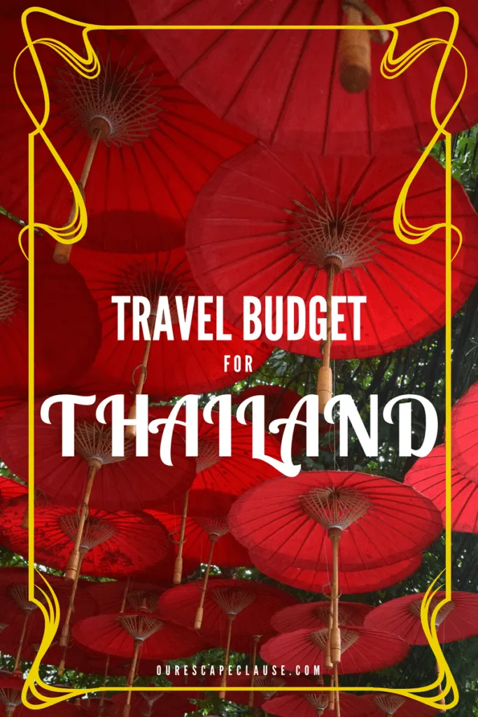 red umbrellas hanging in chiang mai, white text reads "travel budget thailand" in the center of the image