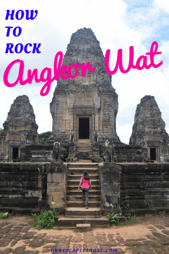 kate storm in a pink shirt climbing a staircase to a temple, blue and pink text on a white background reads "how to rock angkor wat"