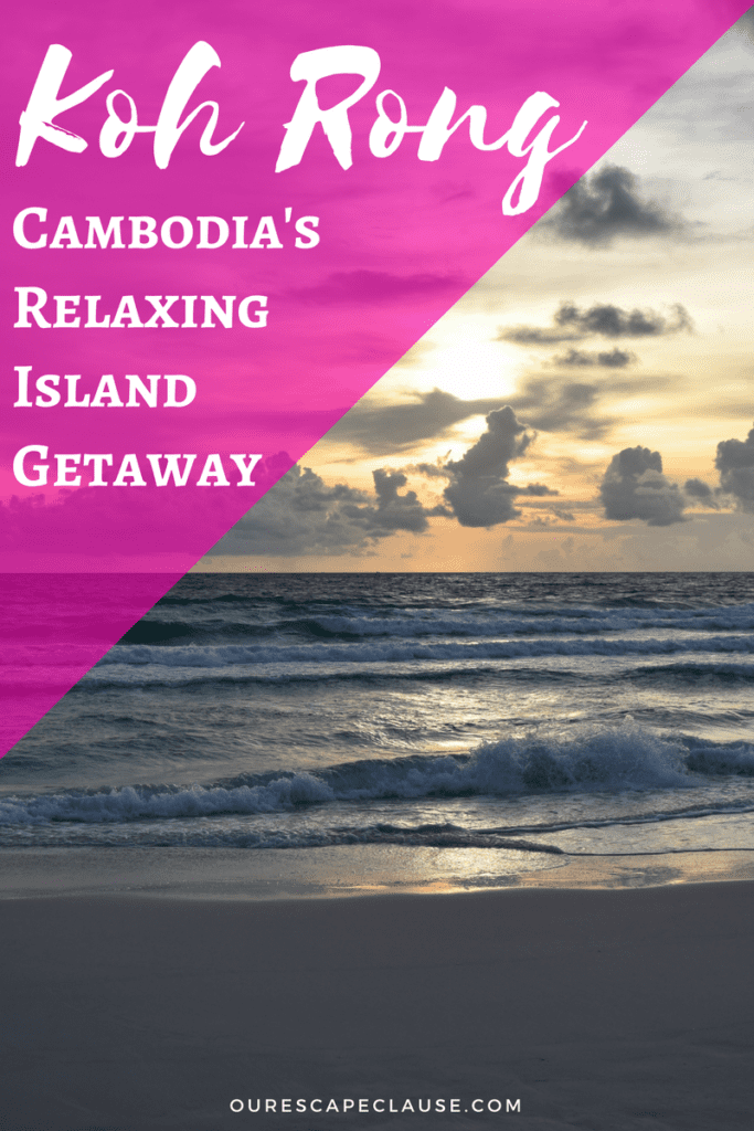 sunset over 7 kilometer beach. white text on a pink background reads "koh rong cambodia's relaxing island getaway"