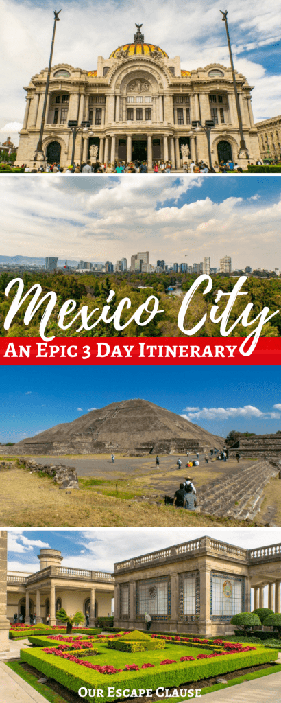 several photos of mexico city sightseeing, white text on a red background reads " mexico city 3 day itinerary"