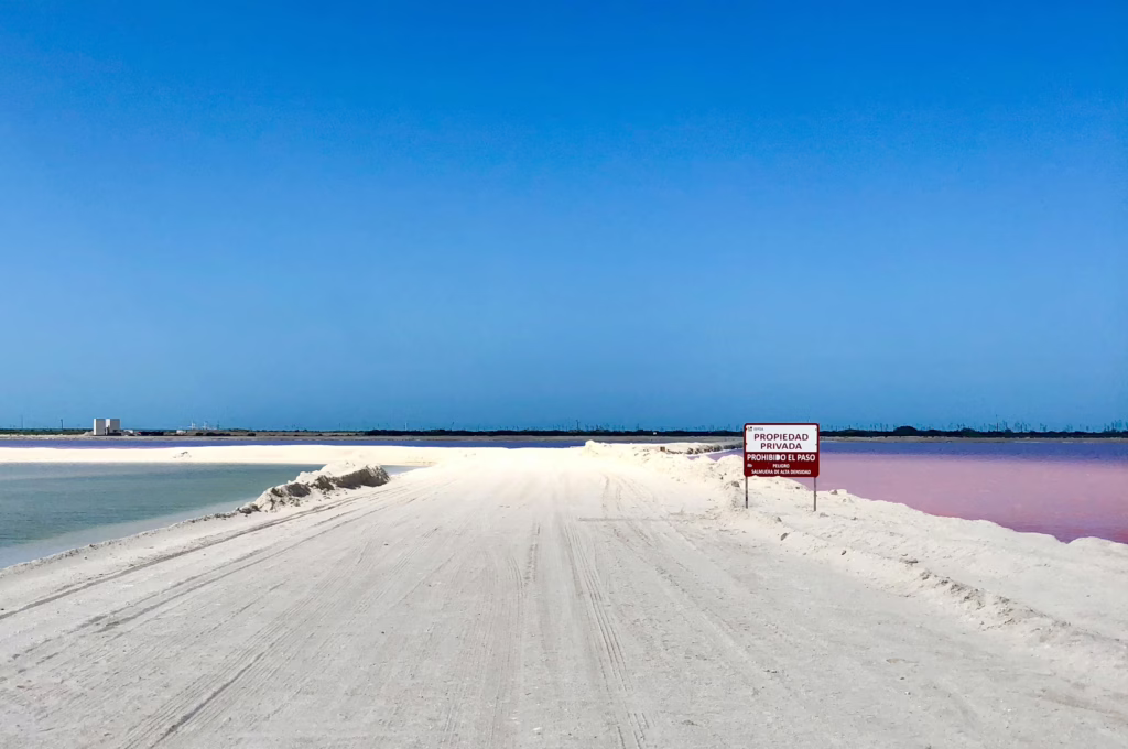 white sand road at las coloradas mexico pink beach with blue water to one side and pink water to the other side