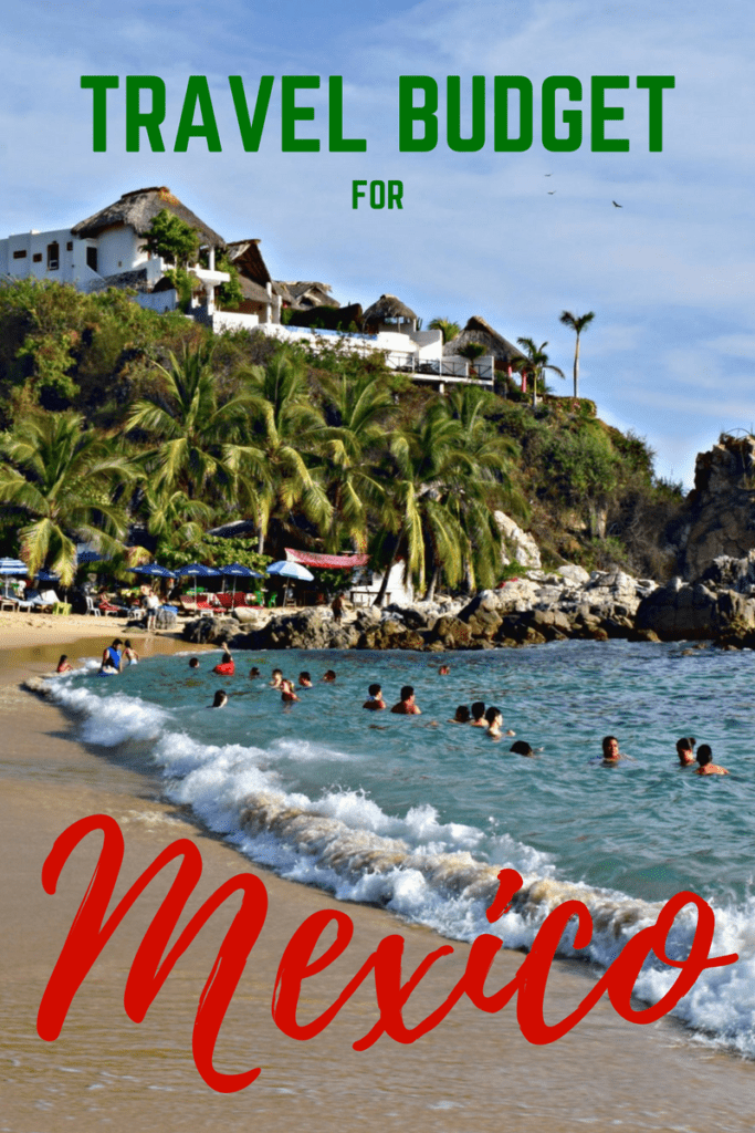 photo of a beach in puerto escondido with people swimming, green and red text reads "travel budget for mexico"