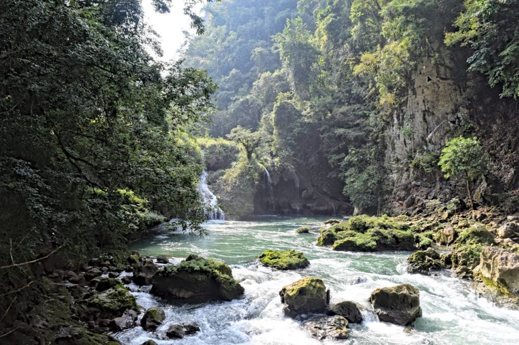 view of waterfalls and the cahabon river near semuc champey guatemala