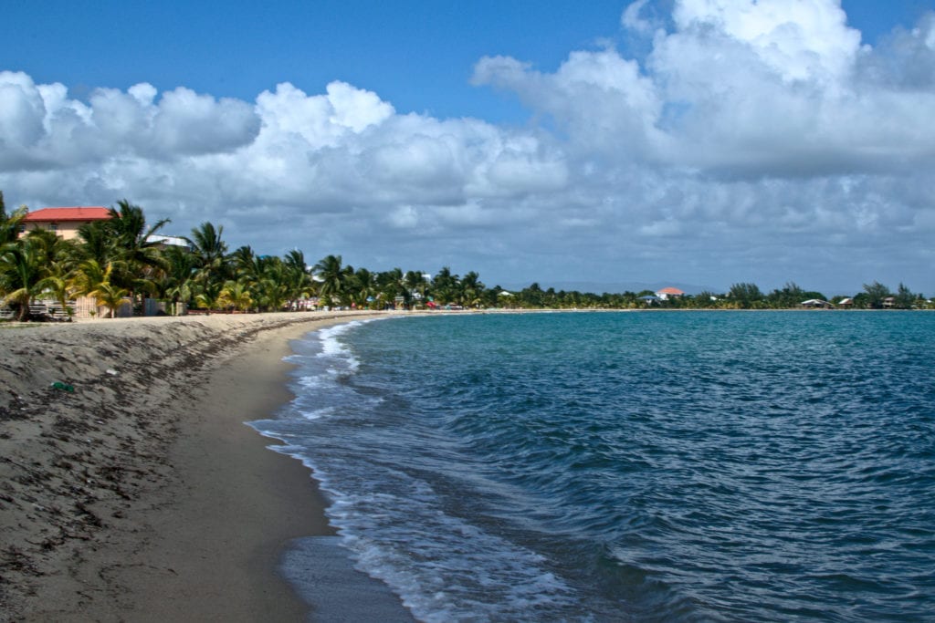 sandy beach in placencia belize as seen from the shore with buildings visible in the distance