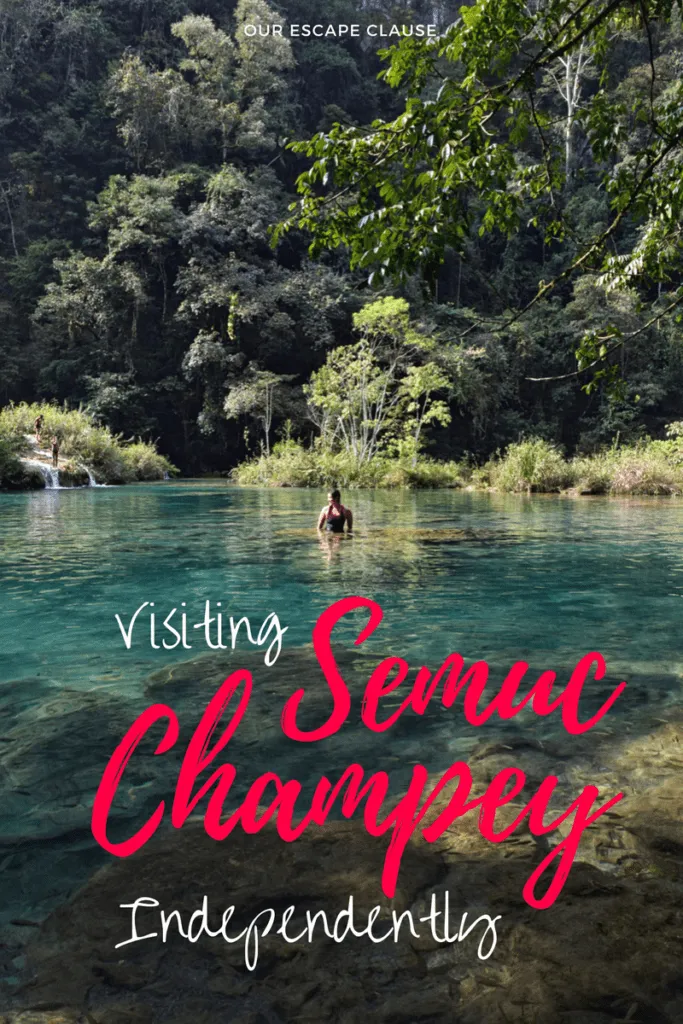 photo of kate storm swimming semuc champey, white and pink text reads "visiting semuc champey independently"