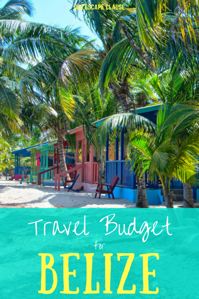 photo of colorful houses on the beach in placencia surrounded by palm trees, white and yellow text on a teal background reads "travel budget for belize"