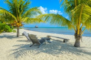 two wooden chairs on one of the beaches in placencia belize framed by two palm trees