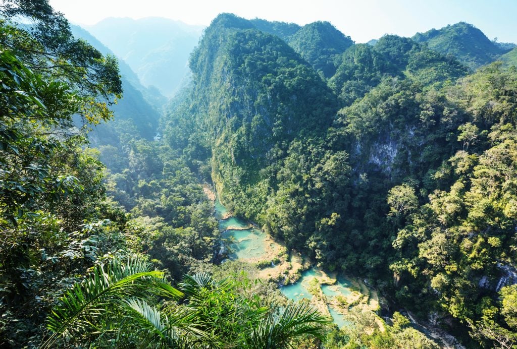 view of the mountains surrounding cahabon river guatemala semuc champey as seen from above