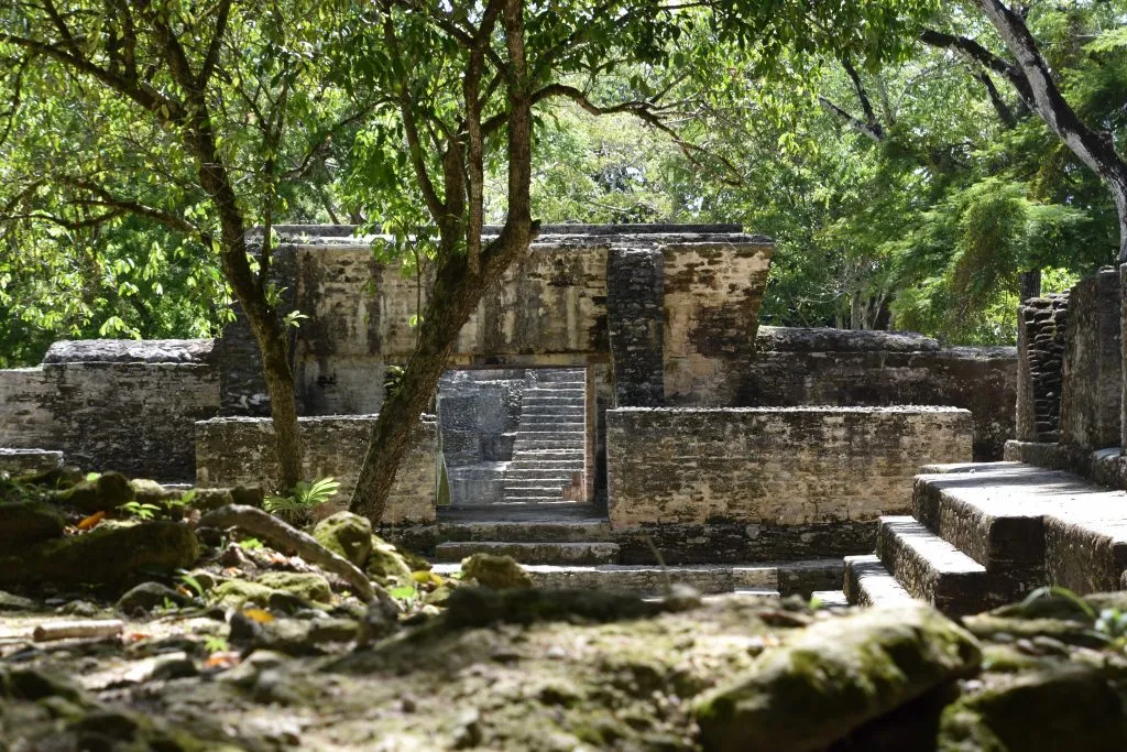 view of shaded buildings in cahal pech ruins belize