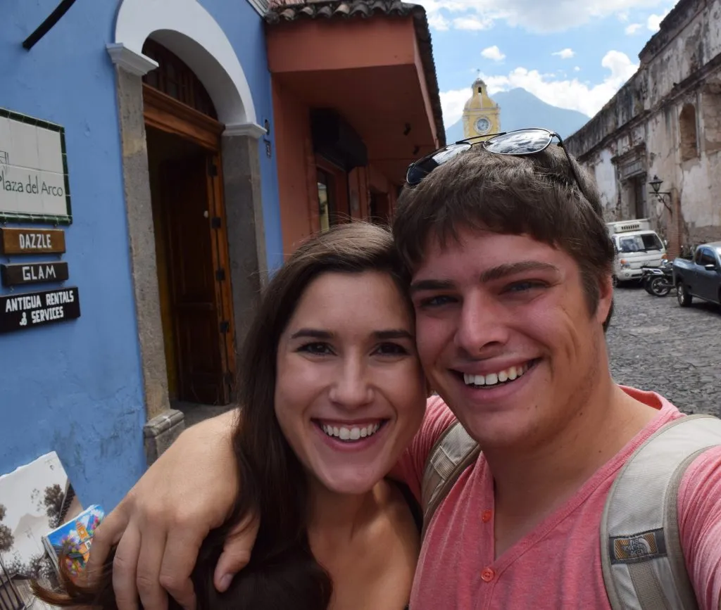 kate storm and jeremy storm taking a selfie in antigua guatemala when traveling guatemala on a budget