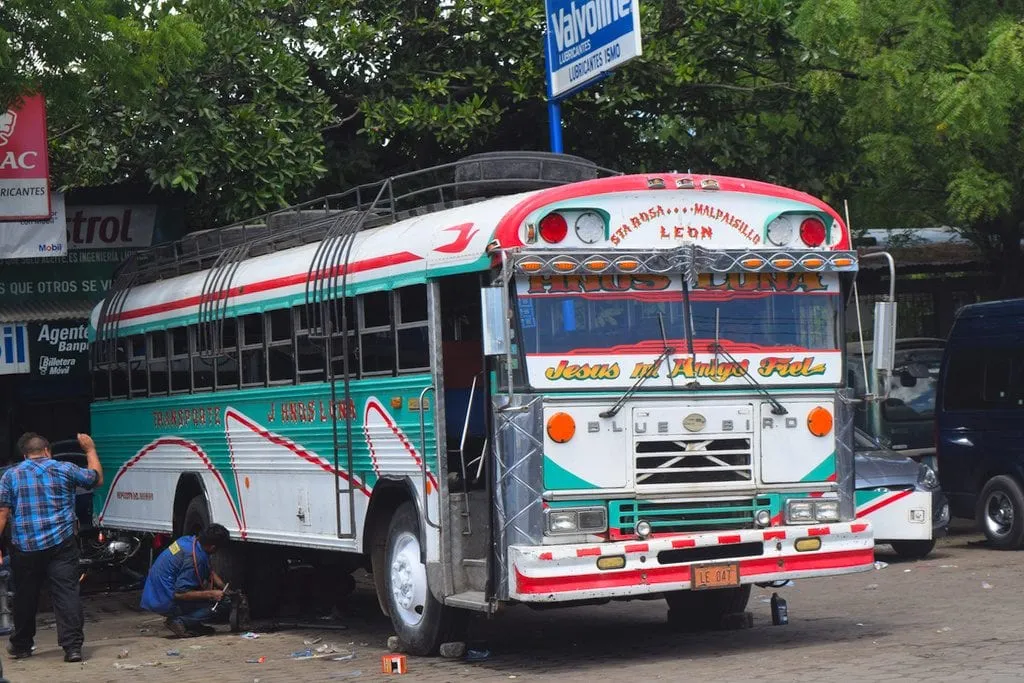 painted chicken bus as seen when backpacking nicaragua travel route