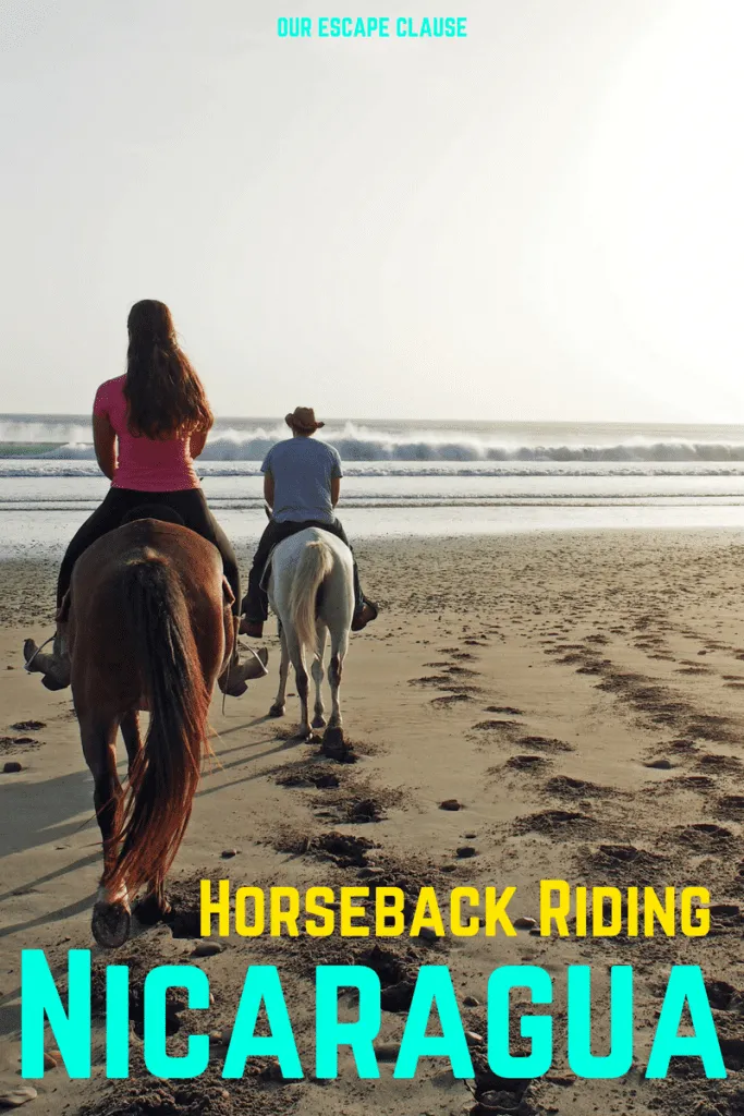 photo of kate storm and jeremy storm riding horses in nicaragua on a beach, yellow and blue text reads "horseback riding nicaragua"