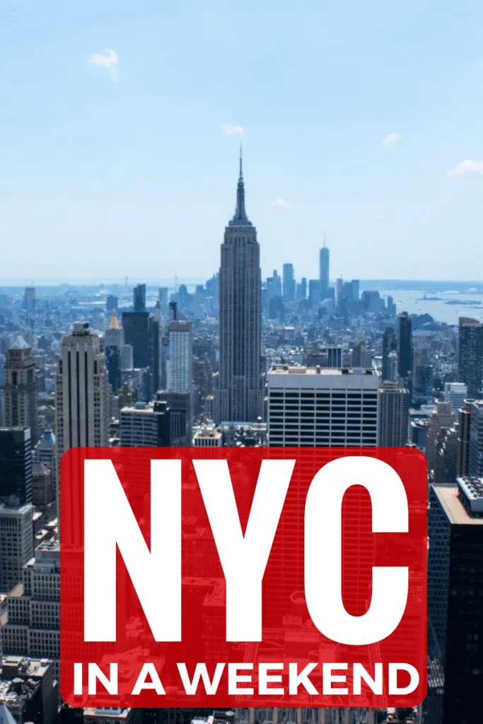 view of nyc skyline from top of the rock, white text on a red background reads "nyc in a weekend"