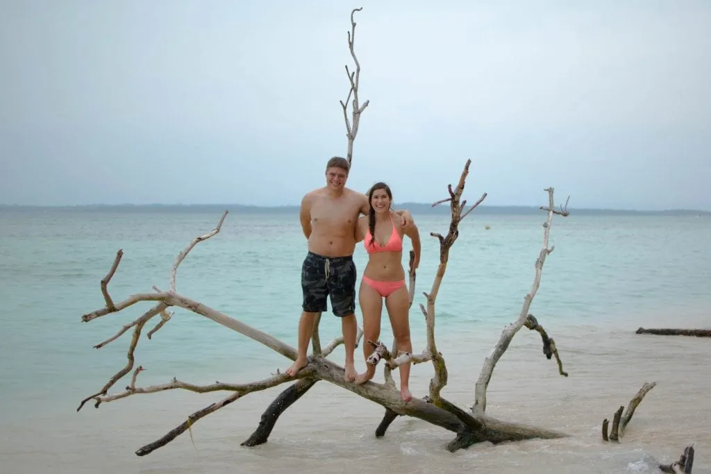 kate storm and jeremy storm standing on a branch on a cloudy beach