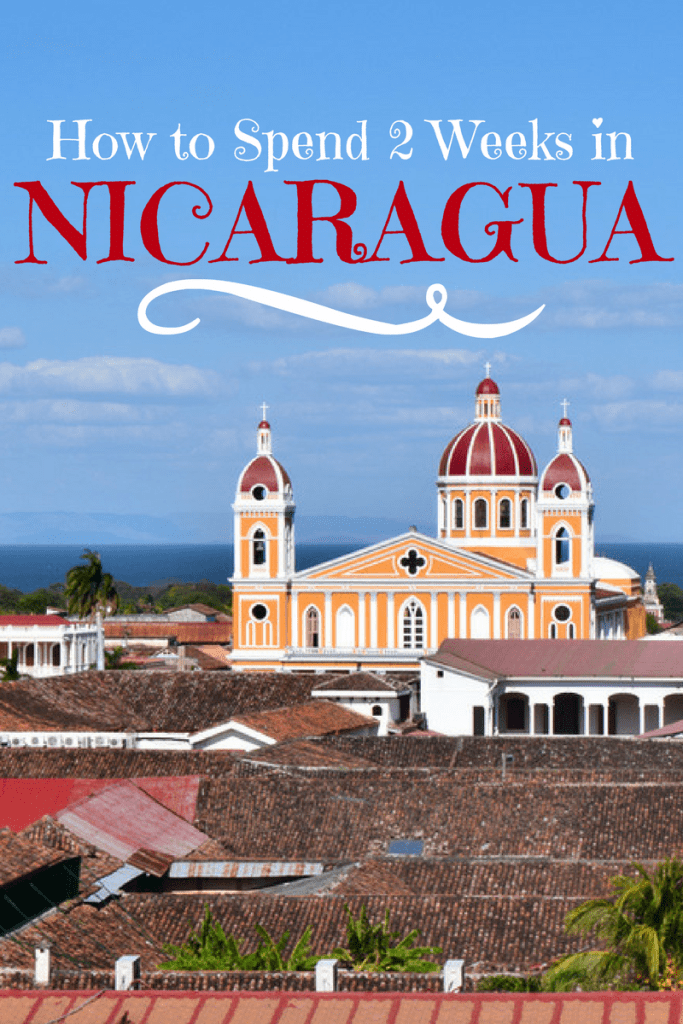 photo of yellow and red church in nicaragua, white and red text reads "how to spend 2 weeks in nicaragua"