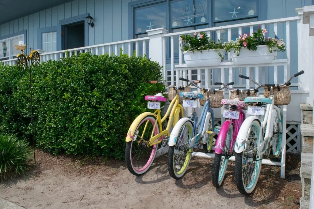 colorful beach bikes parked near front street, one of the best places to visit in beaufort nc