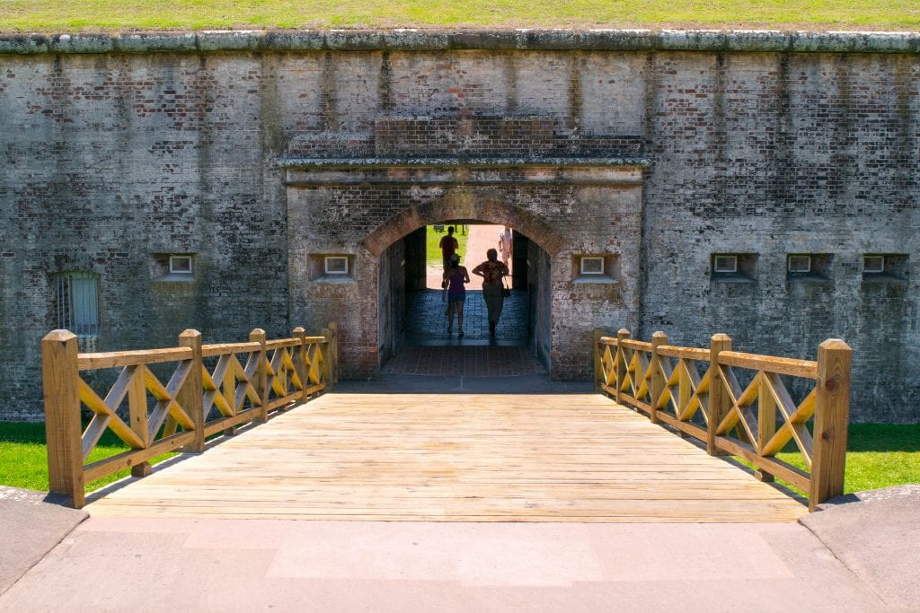 entrance to fort macon north carolina, with bridge leading into fort