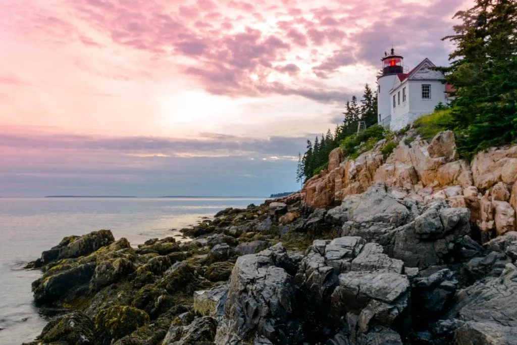 bass harbor headlight at sunset, one of the best places to visit in acadia national park