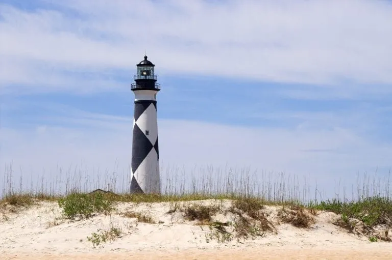 Cape Lookout Lighthouse NC as seen from behind sand dunes