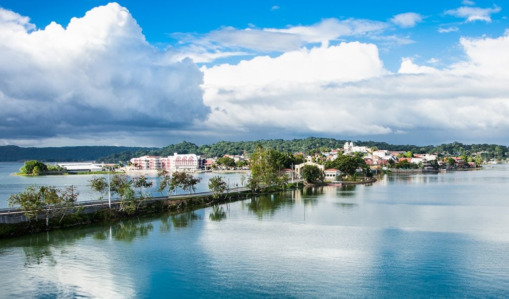 view of bridge leading to flores island guatemala